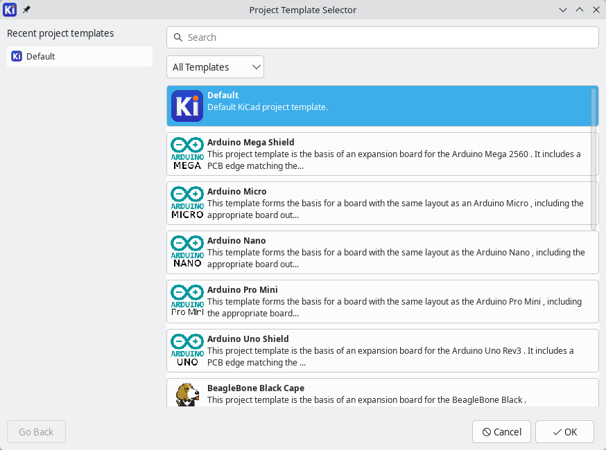 new project template selector
