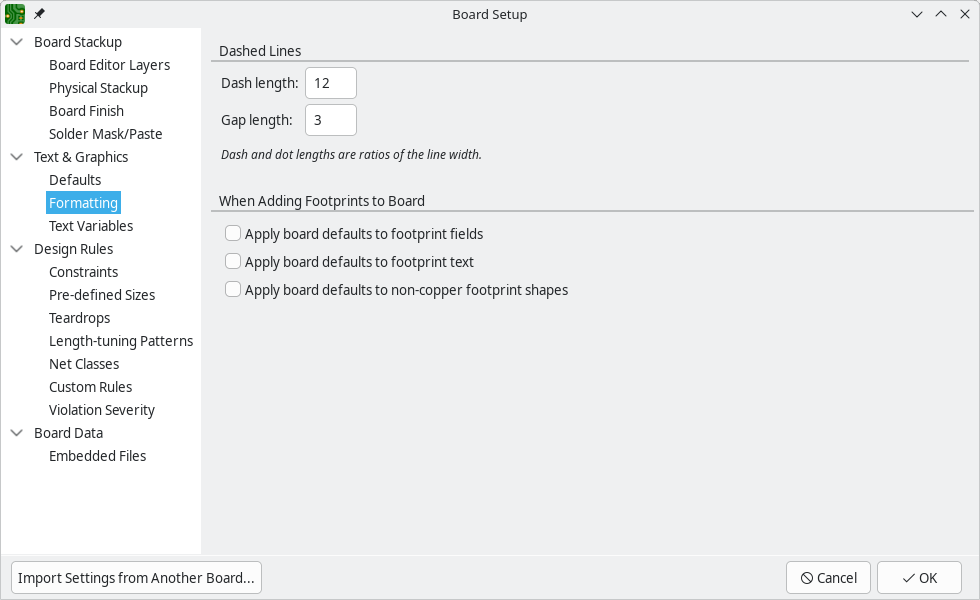board setup formatting