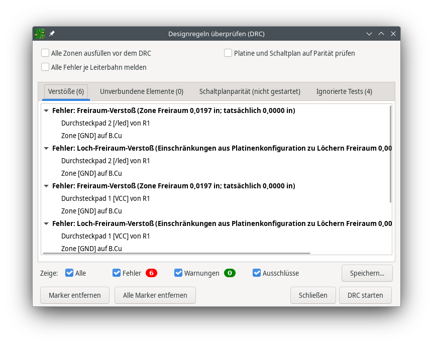 DRC-Fehler auf Grund von Abstandsverletzungen zwischen R1 und GND