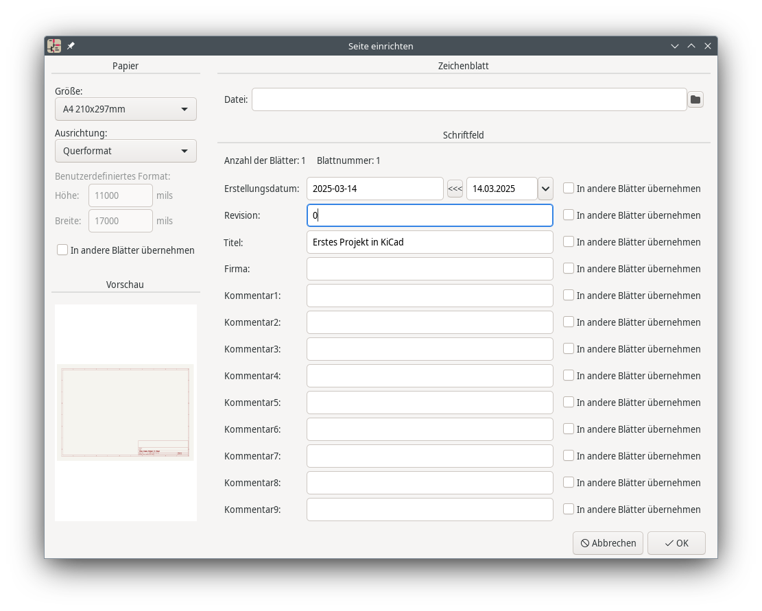 Einrichtung der Schaltplanseite
