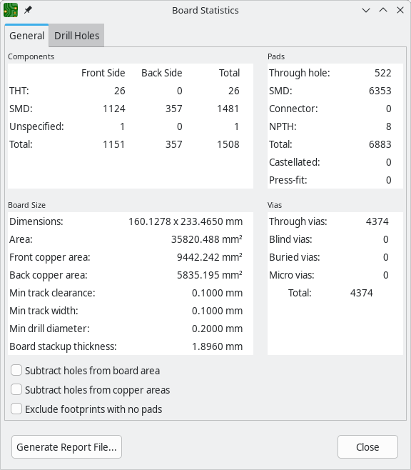 Pcbnew board statistics
