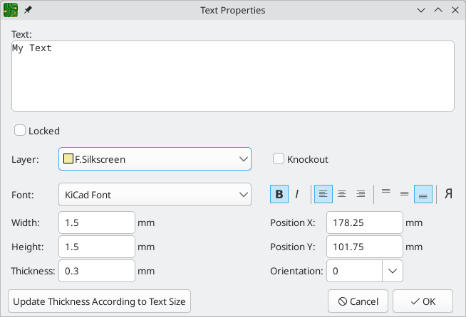 text properties dialog