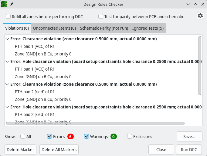 DRC errors due to clearance violation between R1 and GND