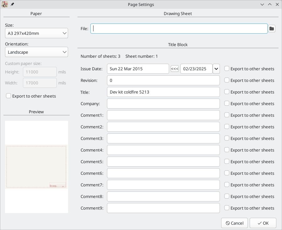 Page settings dialog