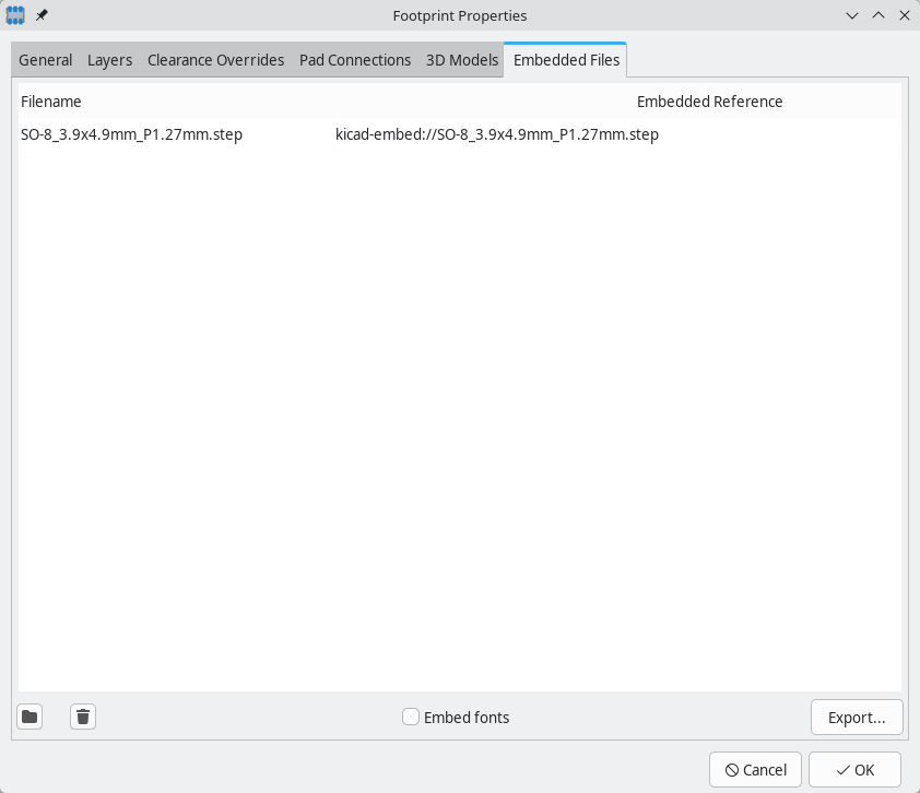 footprint editor properties embedded files