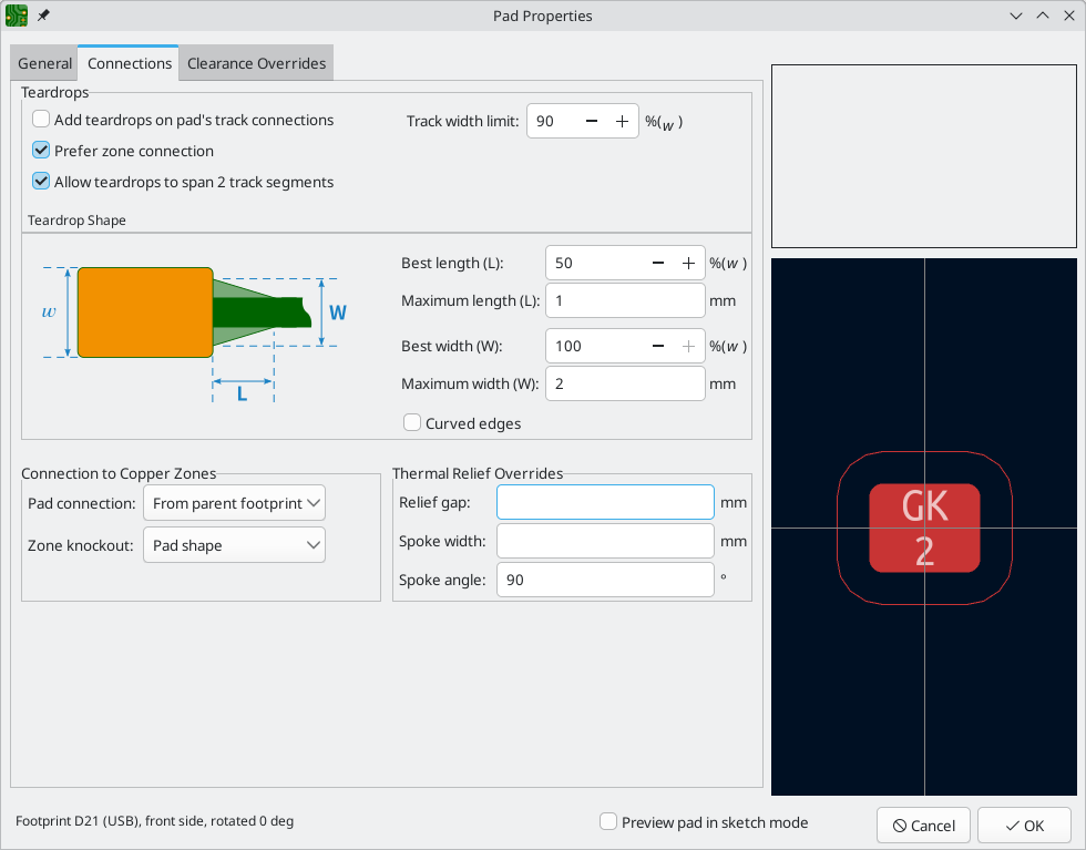 Pad Properties Connections settings