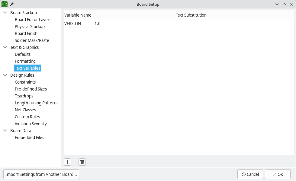 board setup text variables