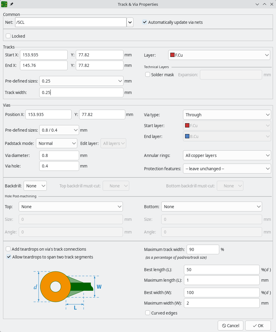 pcbnew track via properties