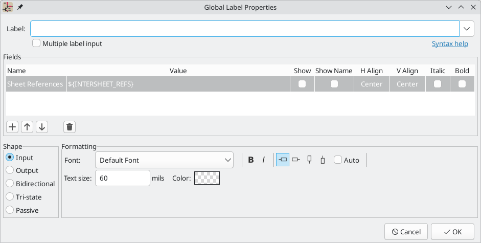 Global Label Properties dialog