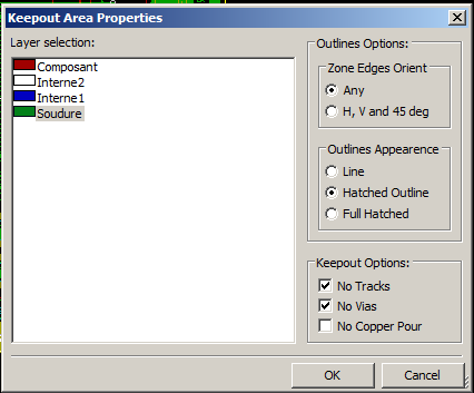 Pcbnew keepout area properties