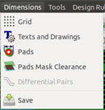 Pcbnew dimensions menu