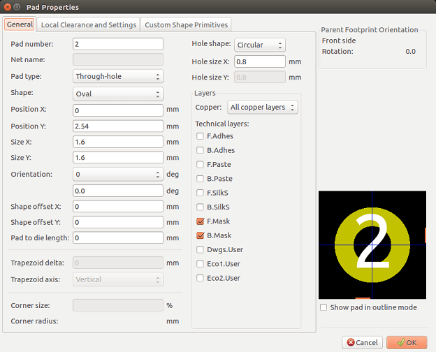 Modedit pad properties dialog