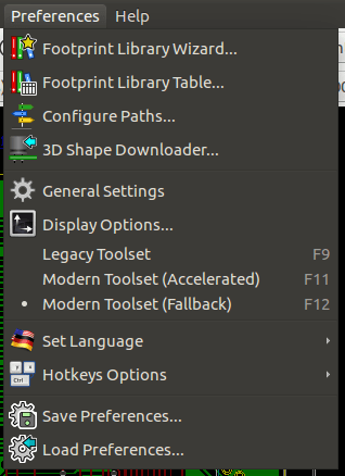 Pcbnew preferences menu