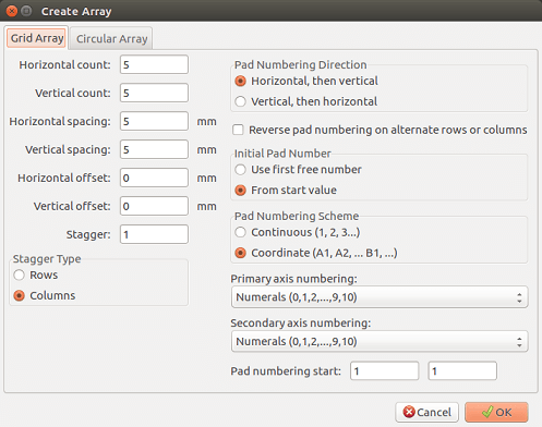 Pcbnew array dialog grid