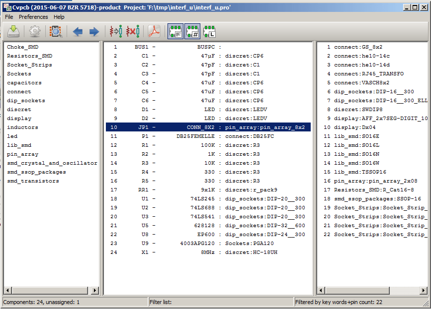 List filtered by pin count and component