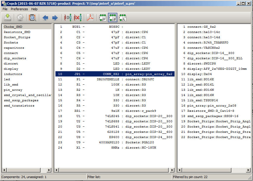 List filtered by pin count