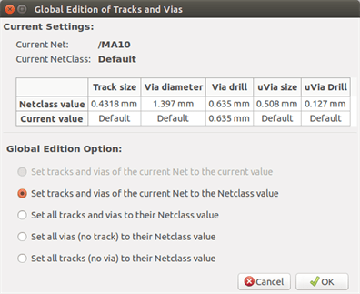 Pcbnew track global edit dialog