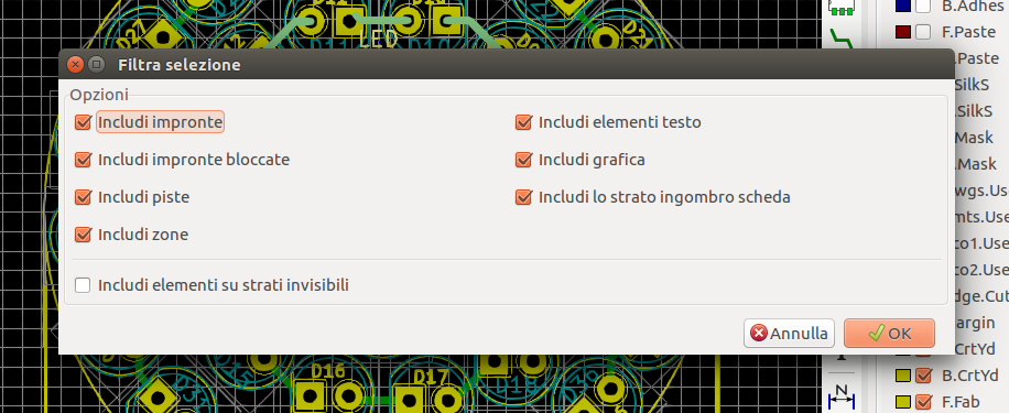 Pcbnew block selection dialog