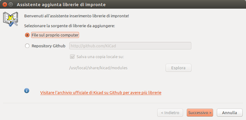 Pagina d’inizio assistente di accodamento librerie impronte locali