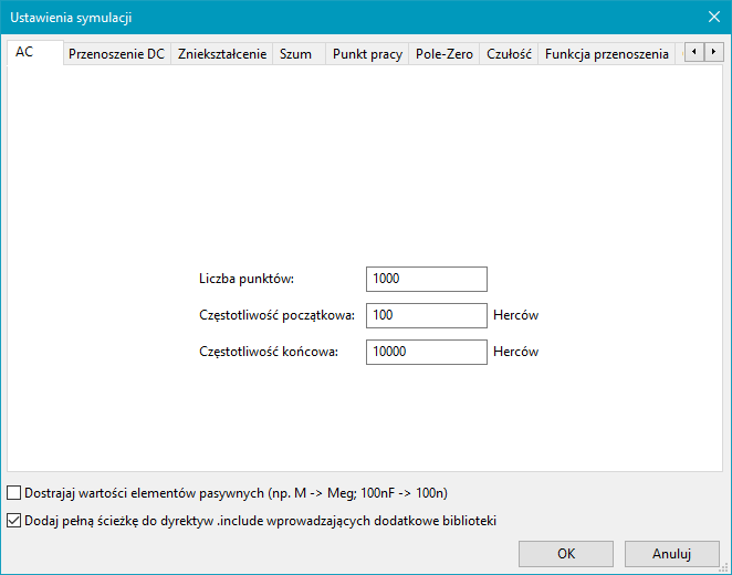 Okno dialogowe ustawień symulatora