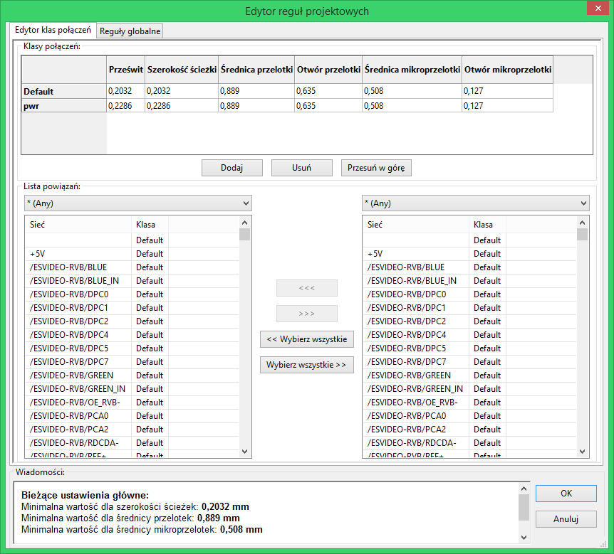 Pcbnew design rules editor netclass tab