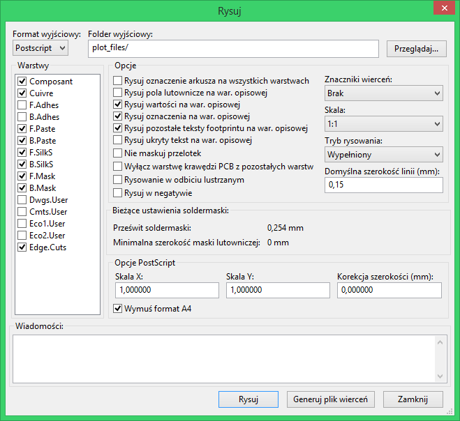 Pcbnew plot postscript dialog