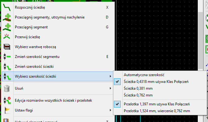 Pcbnew track context menu