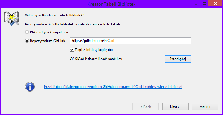 Okno kreatora dodawania bibliotek zdalnych z repozytorium Github