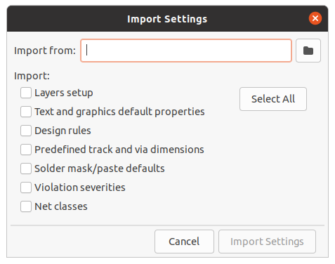 board setup import settings