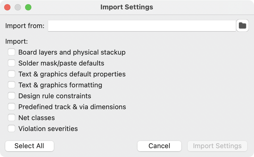 board setup import settings