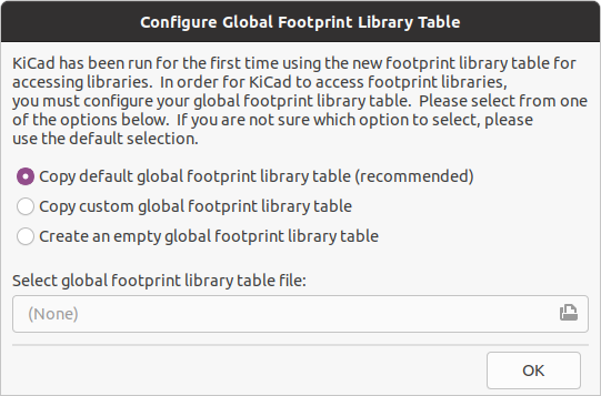 footprint library table initial setup dialog