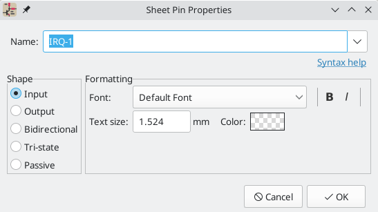 Sheet Pin Properties dialog