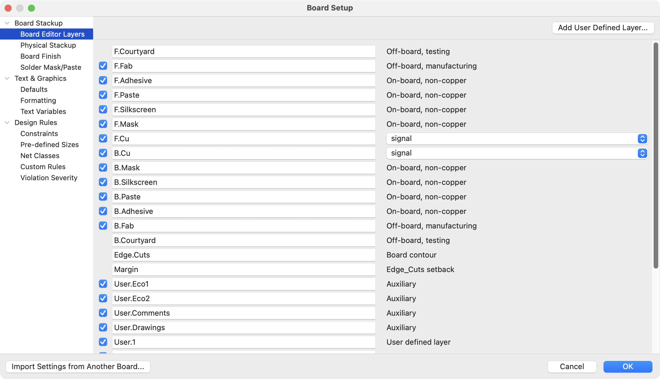 board setup board editor layers