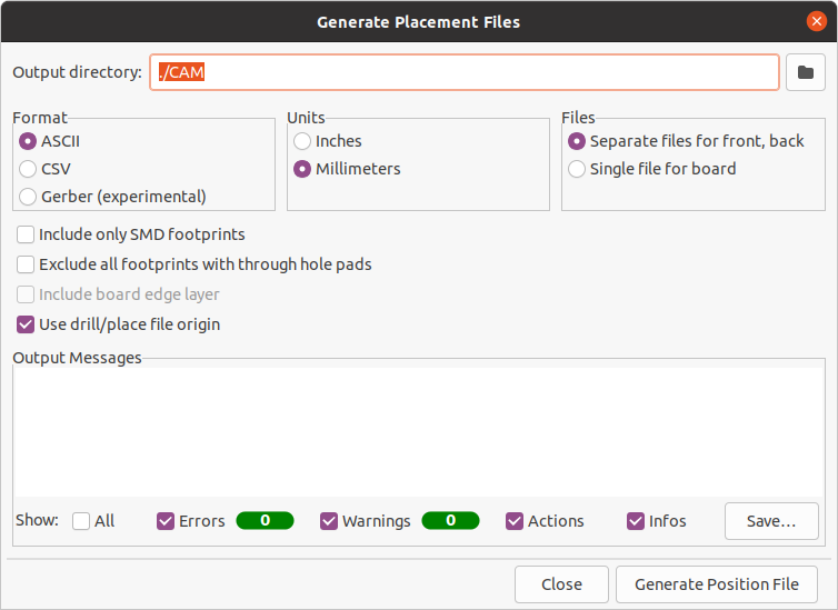 generate placement files dialog