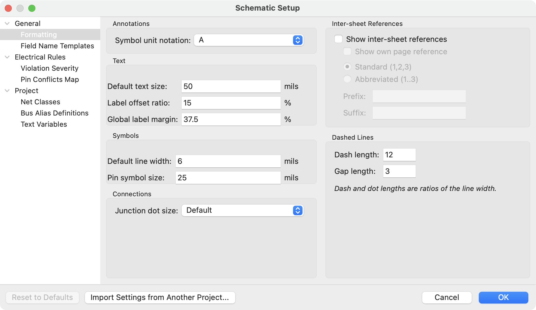 Schematic setup formatting