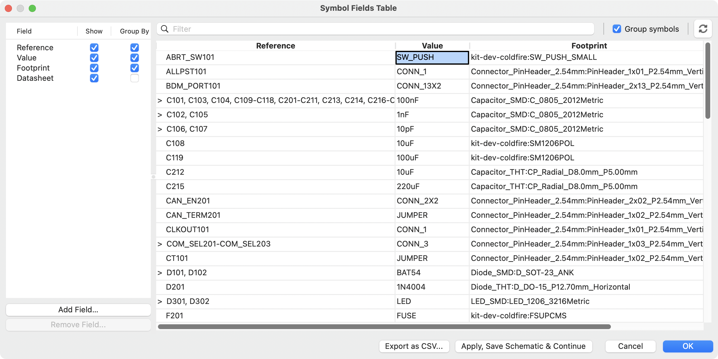 Symbol Fields Table