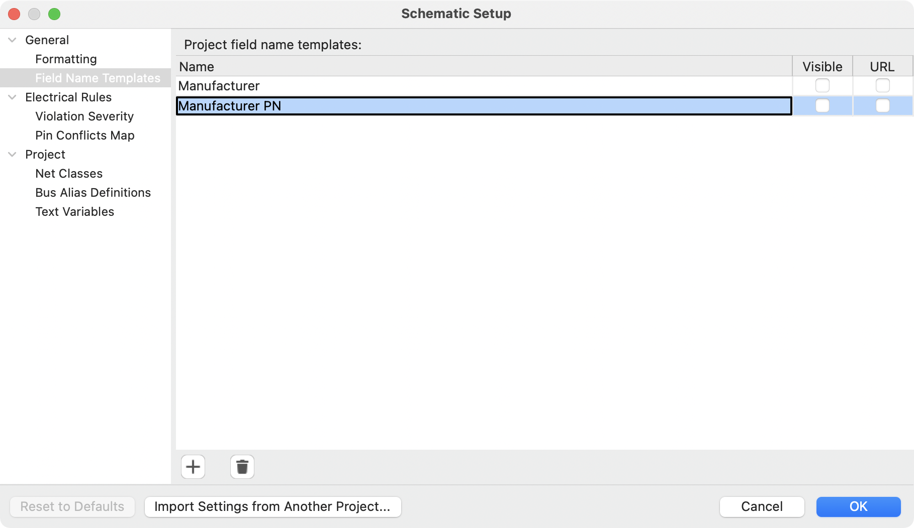 Schematic setup field name templates