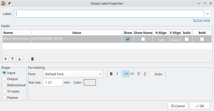 Global Label Properties dialog