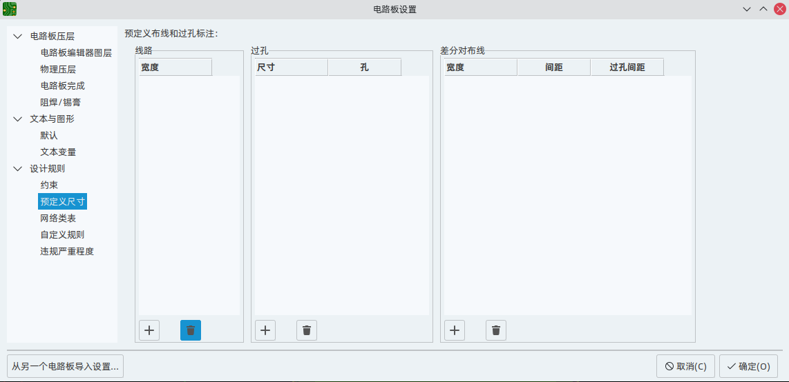 board setup predefined sizes