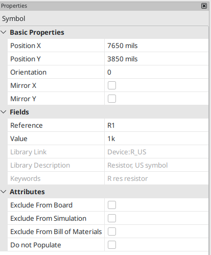 Properties manager showing properties for a symbol