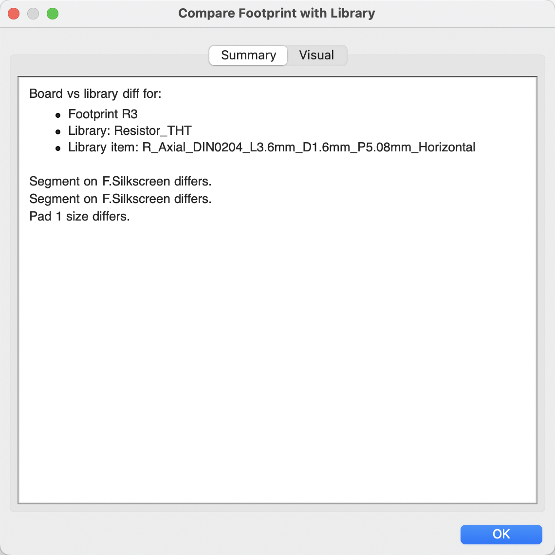 Compare Footprint with Library Summary tab