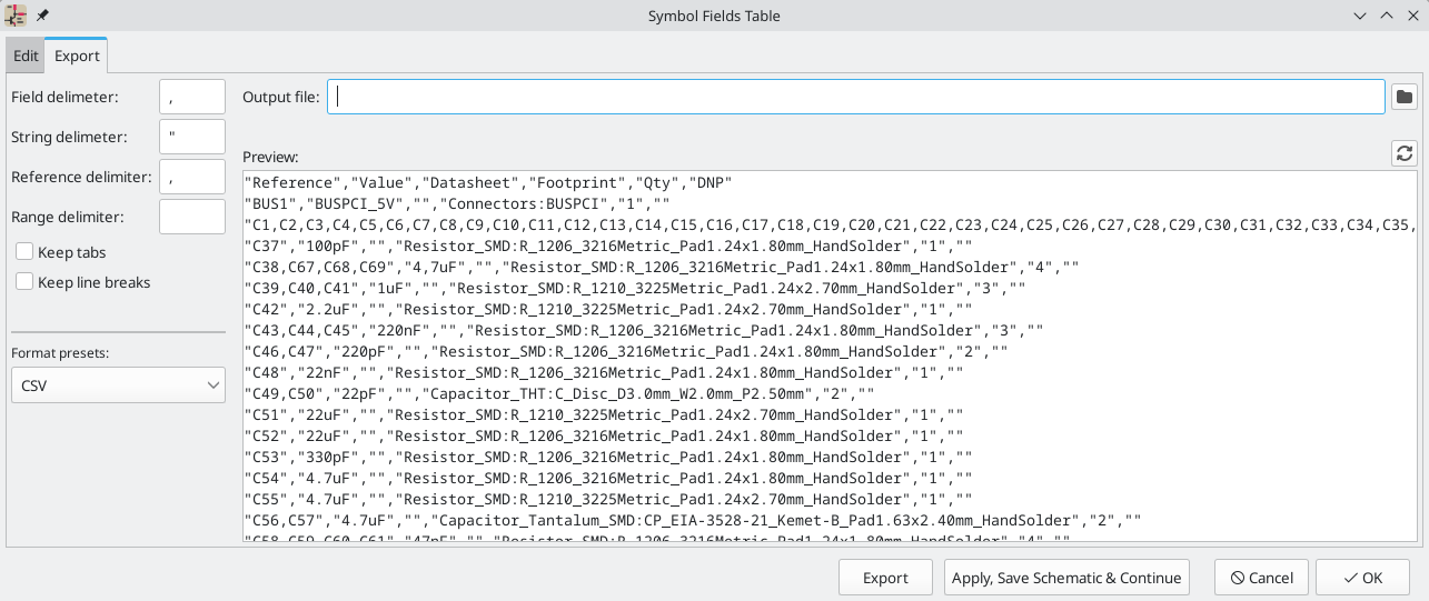 Symbol Fields Table Export tab