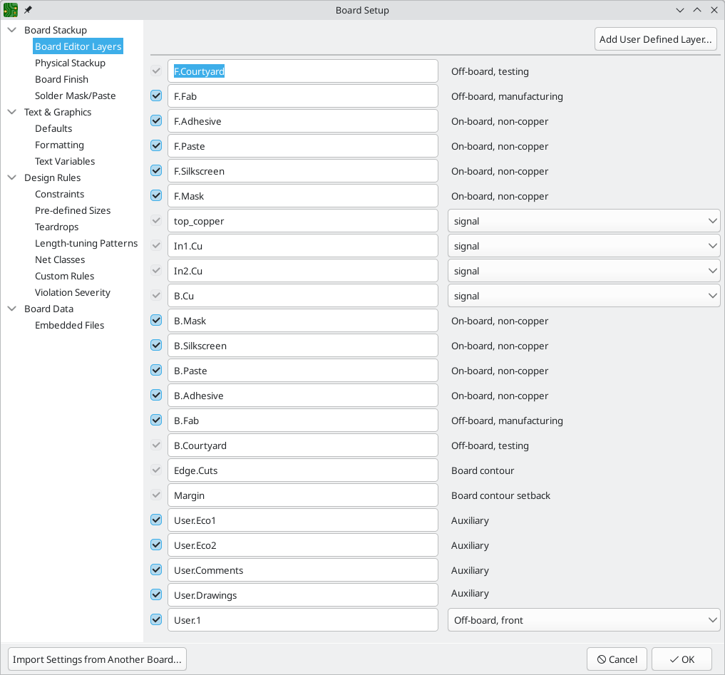board setup board editor layers