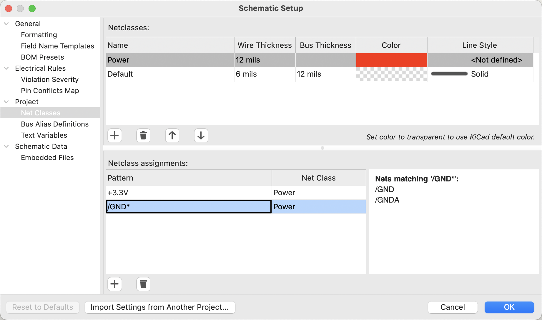 Schematic Setup net classes panel