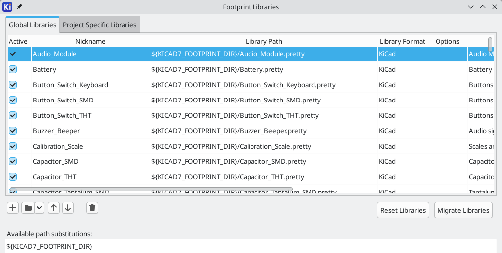 footprint library table dialog