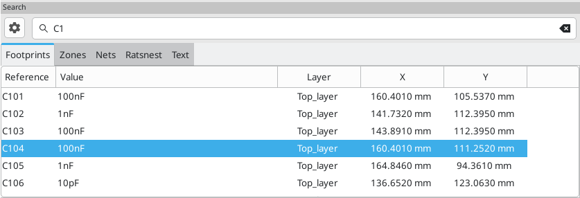 Search panel, with a footprint selected