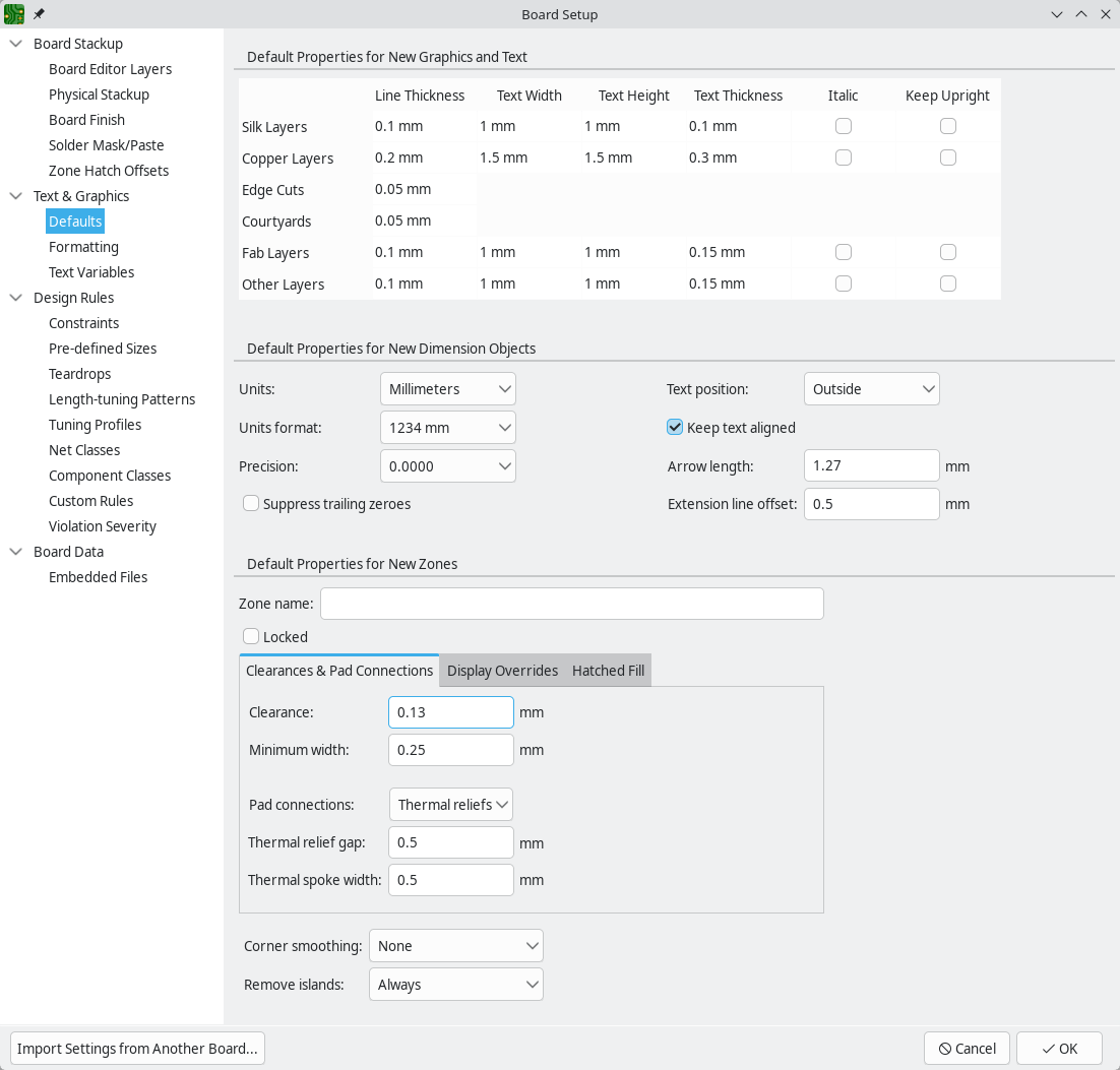 board setup text and graphics defaults