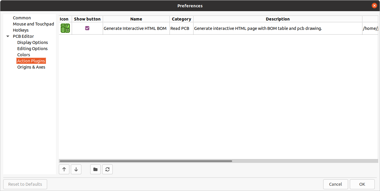 pcbnew preferences action plugins