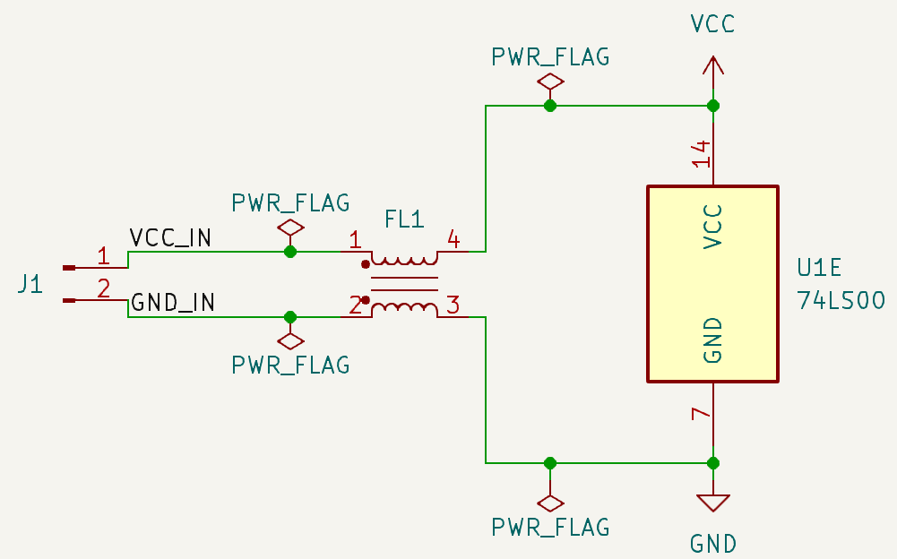 Power pins with PWR_FLAG on both sides of a filter