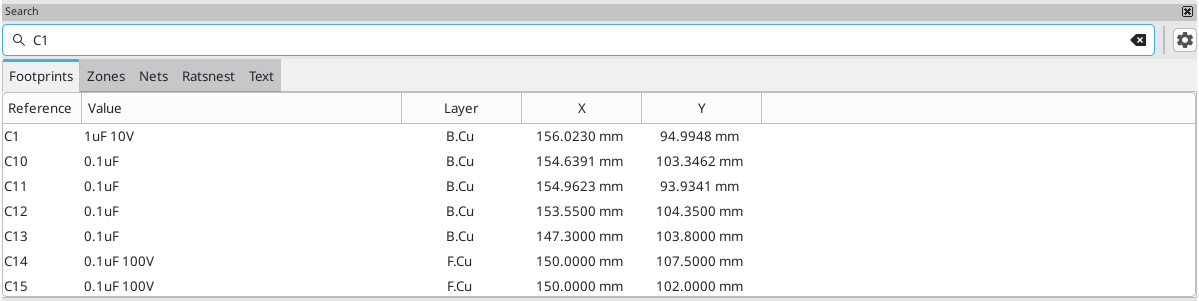 Search panel, with a footprint selected